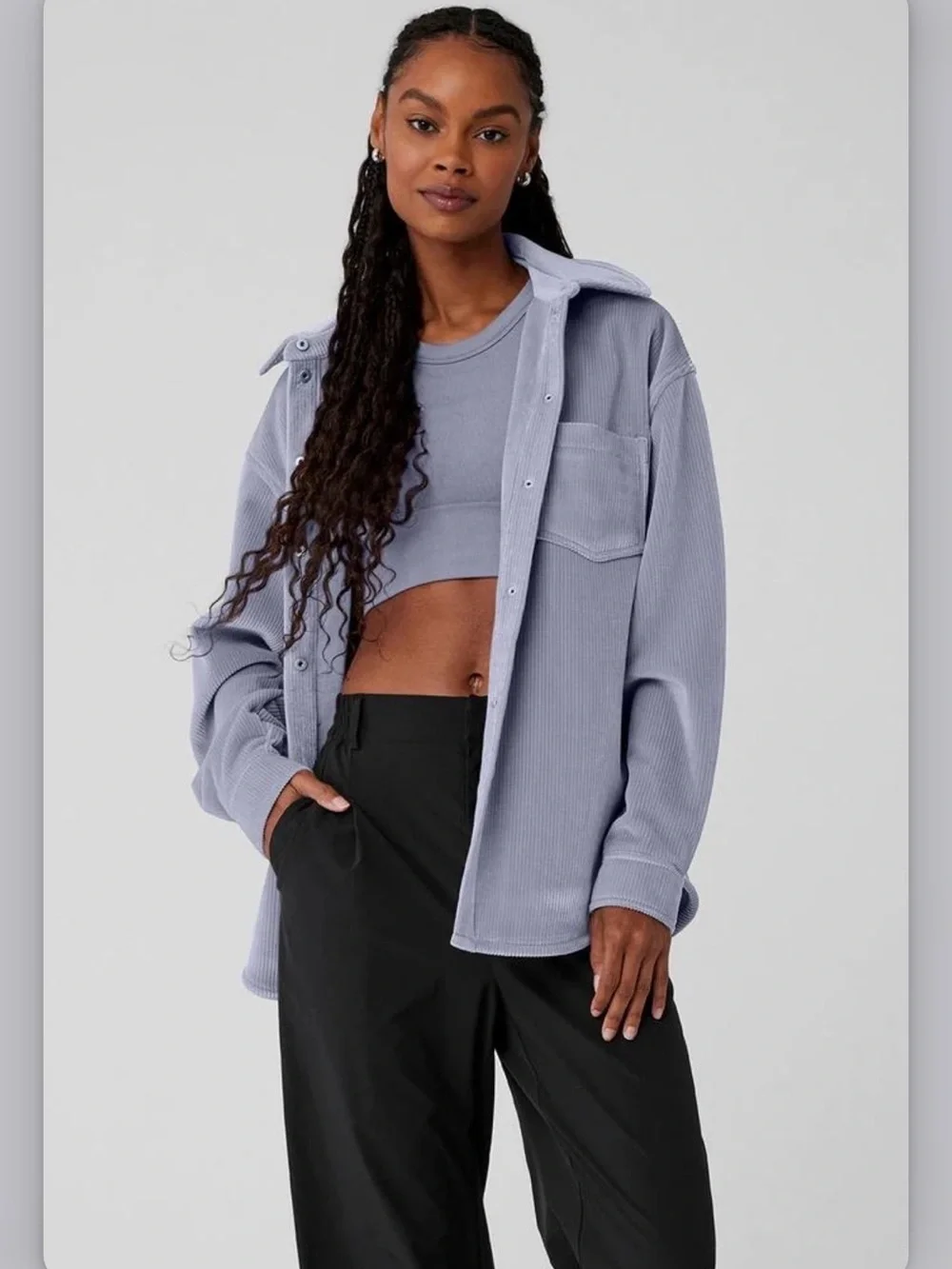 Women’s Corduroy Button-Up Shirt Jacket in Dusty Gray. ALO Yoga Velour Jacket
